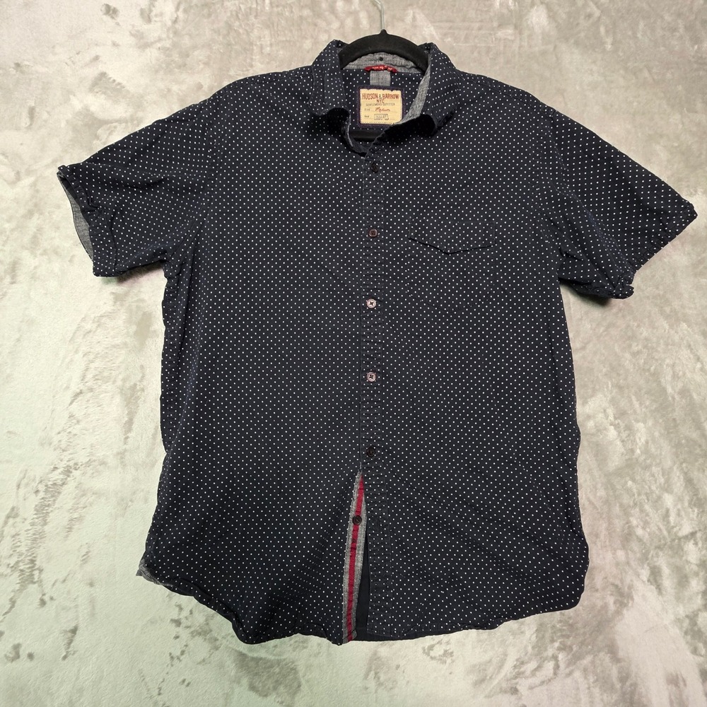 Hudson & Barrow NYC Mens Navy Blue Polka Dot Short Sleeve Button Down Shirt M